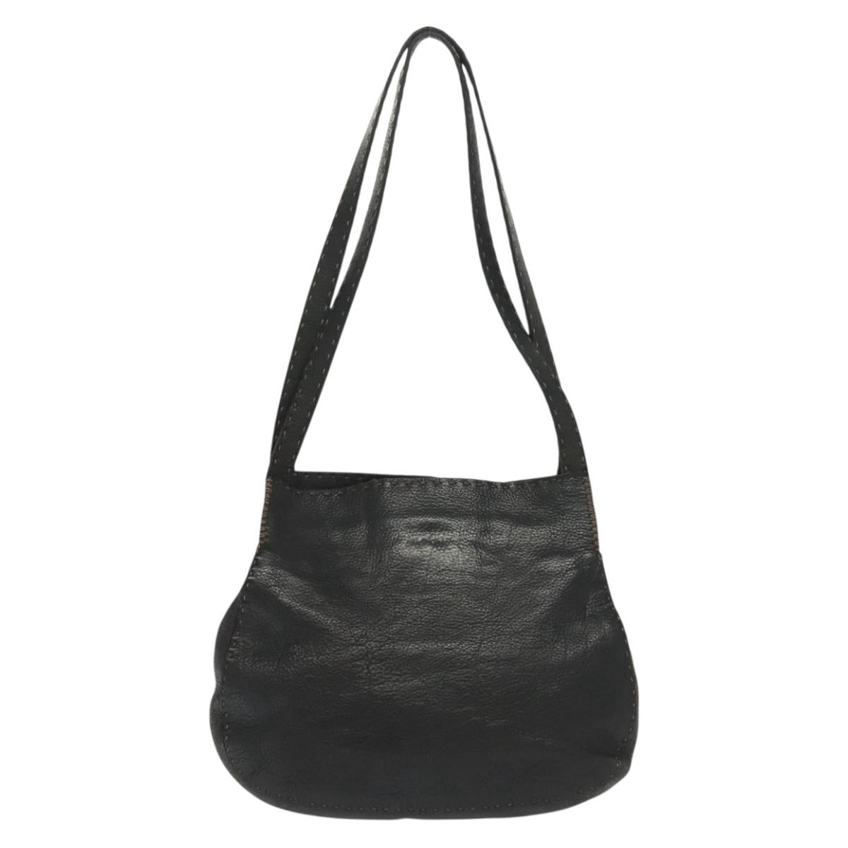 FENDI Shoulder Bag Leather Black Silver Auth bs28713