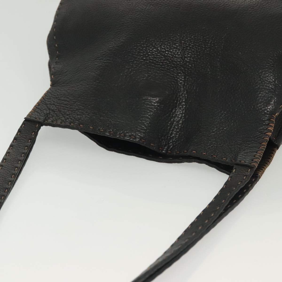 FENDI Shoulder Bag Leather Black Silver Auth bs28713