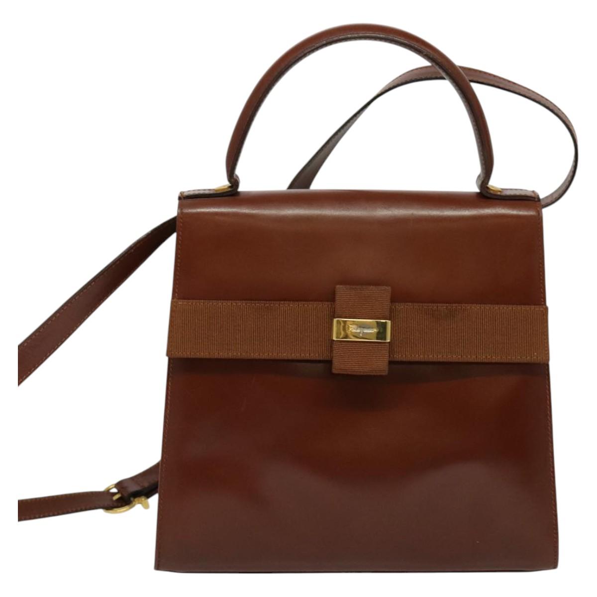 Salvatore Ferragamo Vala Hand Bag Leather 2way Brown Gold Auth bs28714