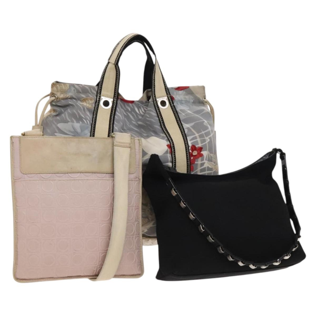 Salvatore Ferragamo Gancini Hand Bag Nylon PVC 3Set Black Pink Auth bs28716