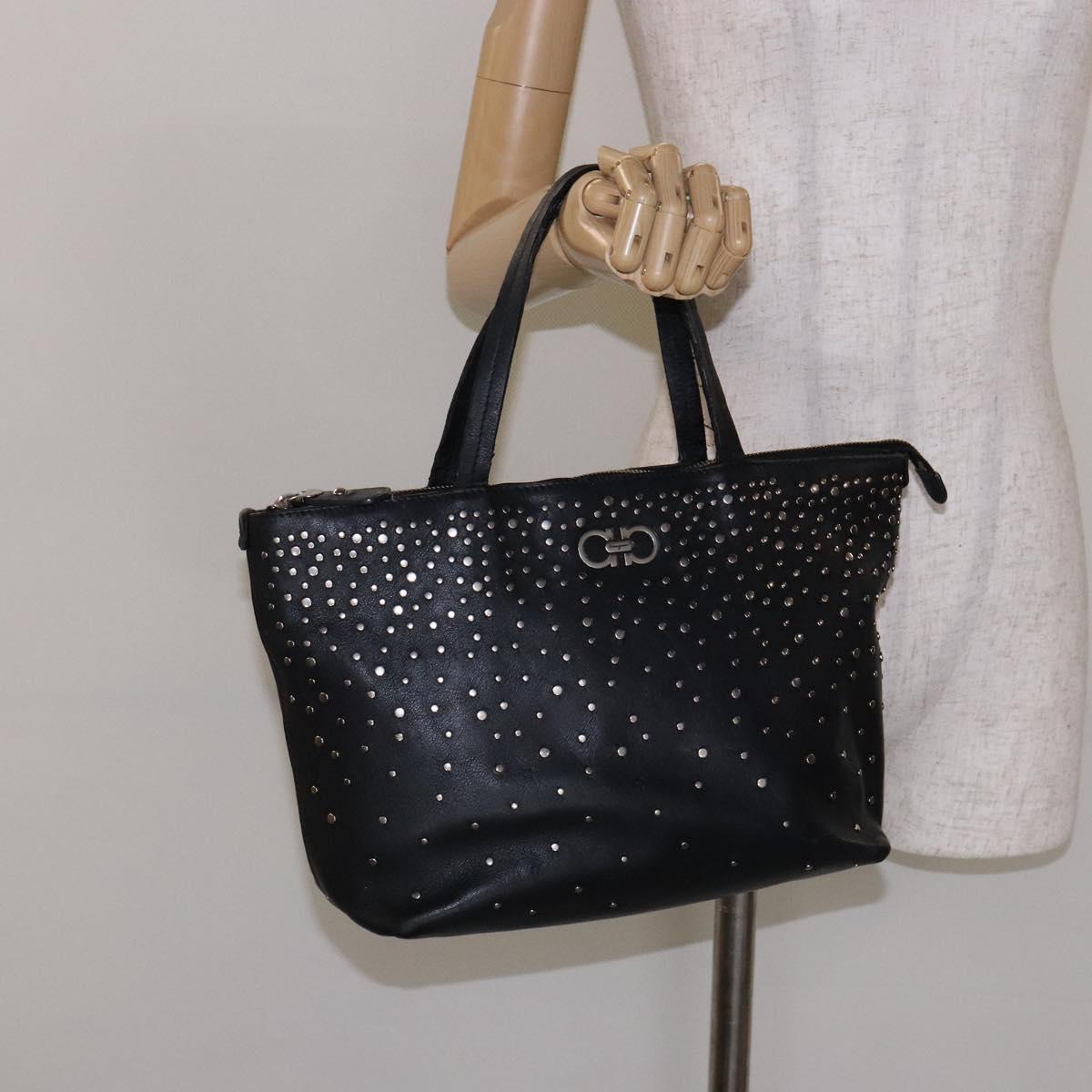 Salvatore Ferragamo Gancini Tote Bag Leather Black Silver Auth bs28720