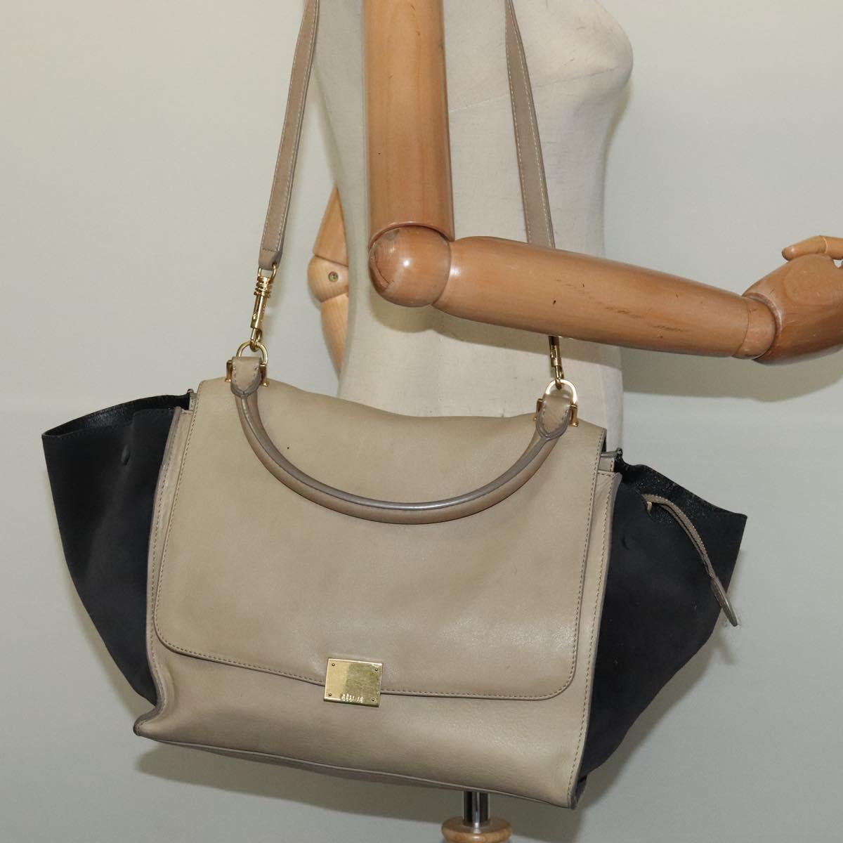 CELINE Trapeze Hand Bag Leather Suede 2way Beige Black gold Auth bs28736