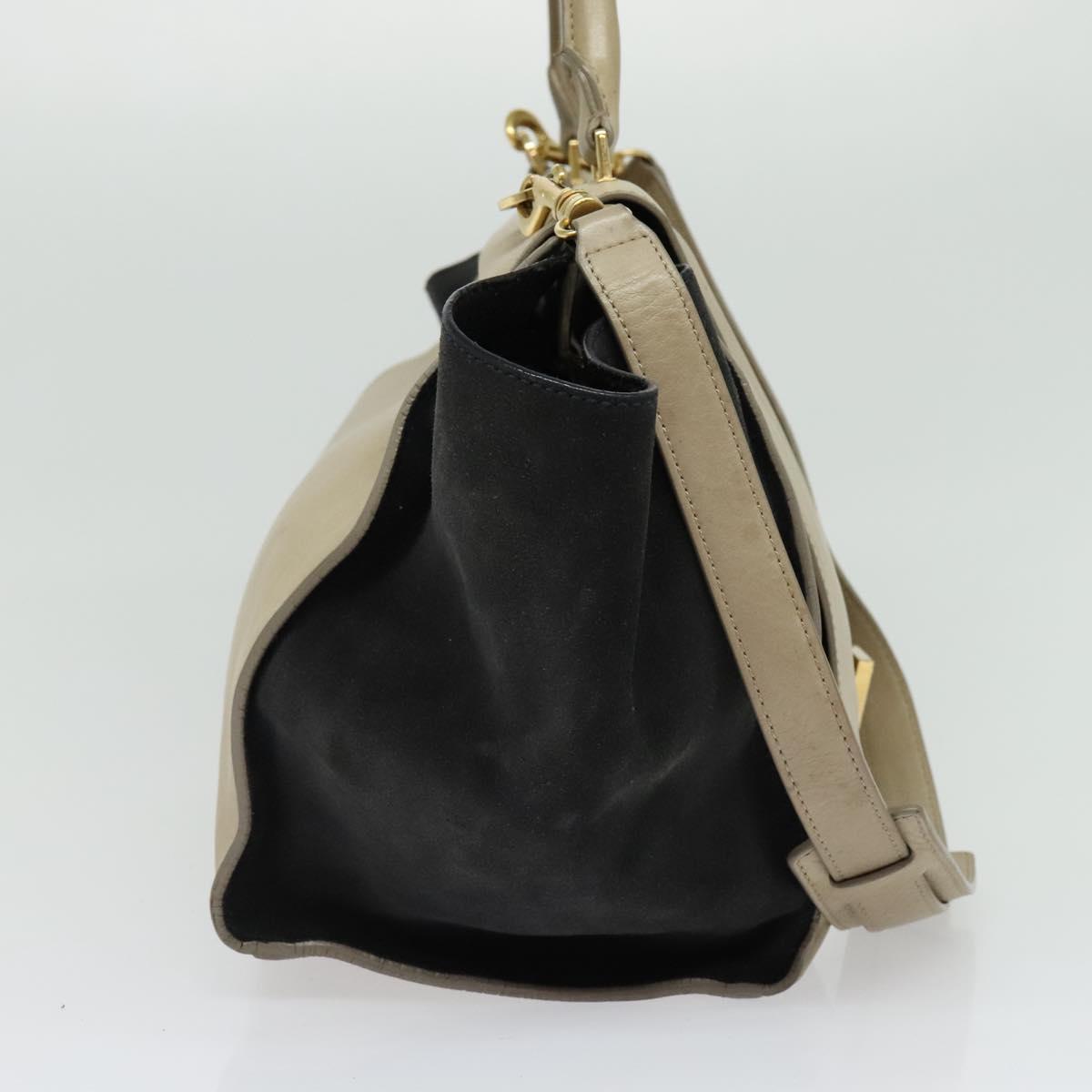 CELINE Trapeze Hand Bag Leather Suede 2way Beige Black gold Auth bs28736