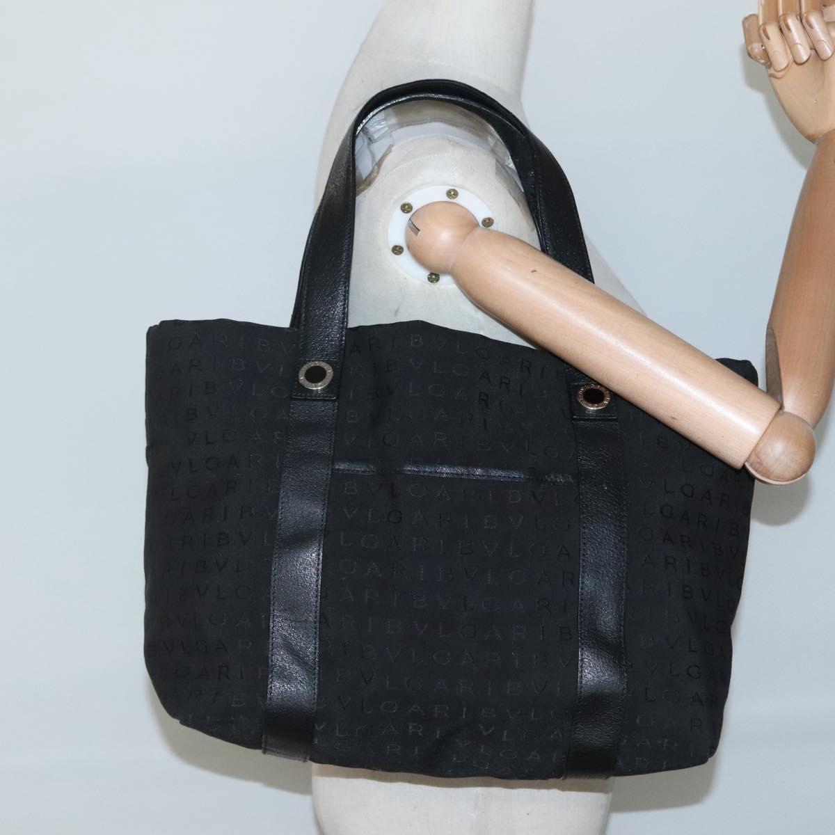BVLGARI Logo Mania Tote Bag Canvas Black Silver Auth bs28748