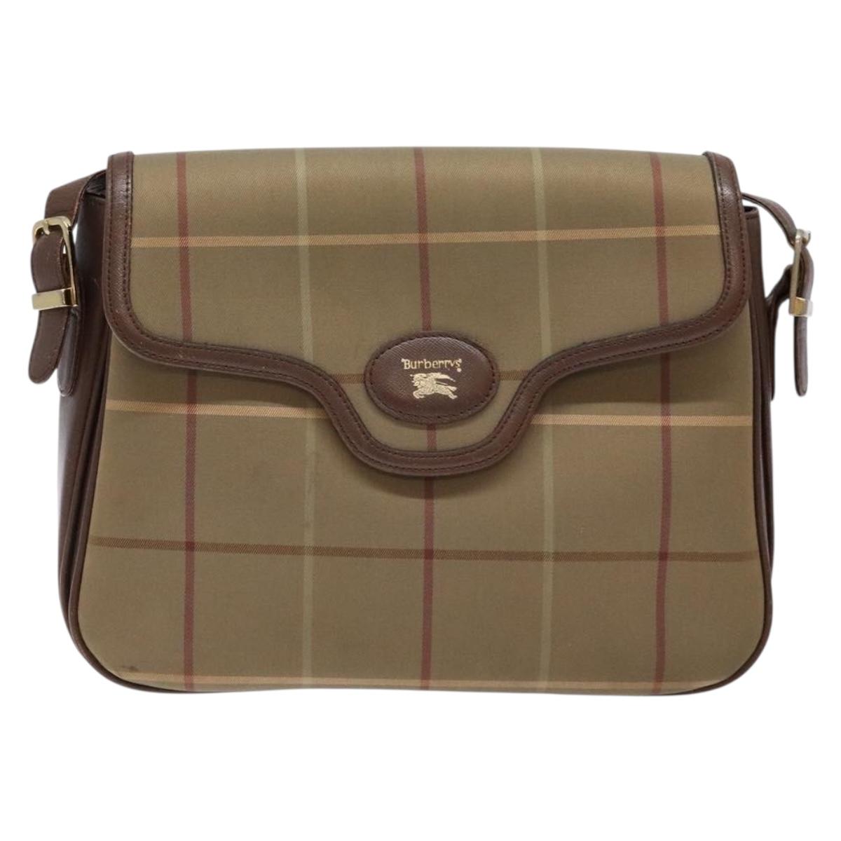 Burberrys Nova Check Shoulder Bag Leather Canvas Beige Gold Auth bs28750