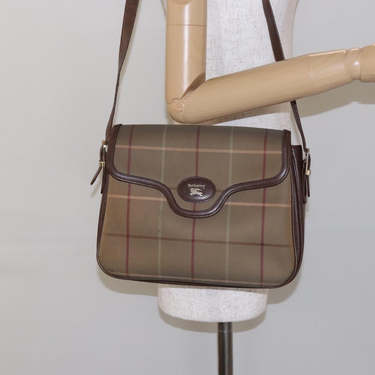 Burberrys Nova Check Shoulder Bag Leather Canvas Beige Gold Auth bs28750