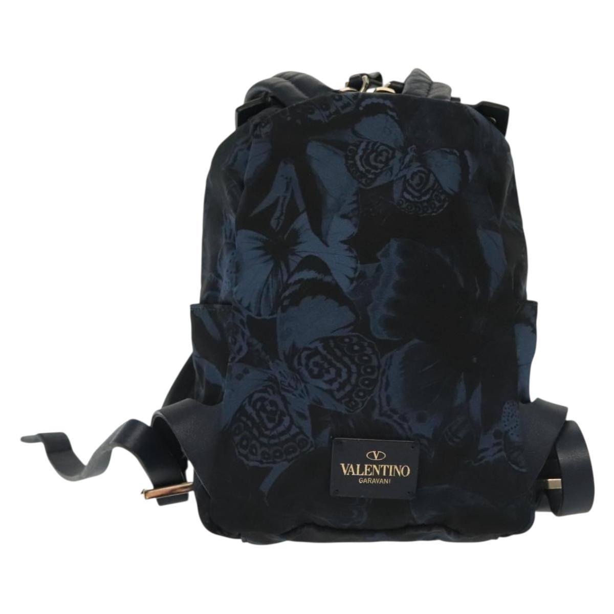 VALENTINO Backpack Nylon Leather Navy Silver Auth bs28757