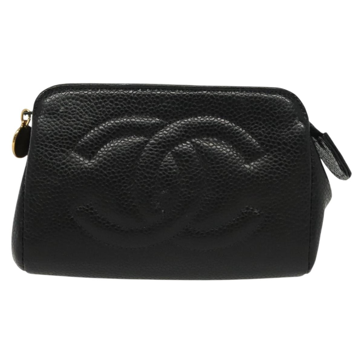 CHANEL Pouch Caviar Skin Black Gold CC Auth bs28771
