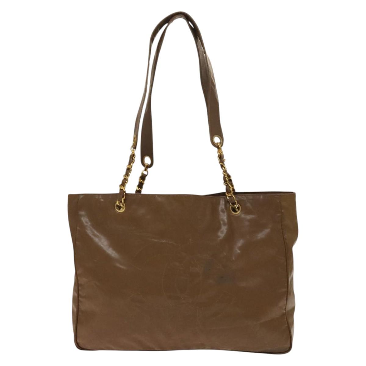 CHANEL Tote Bag Enamel Brown Gold CC Auth bs28851