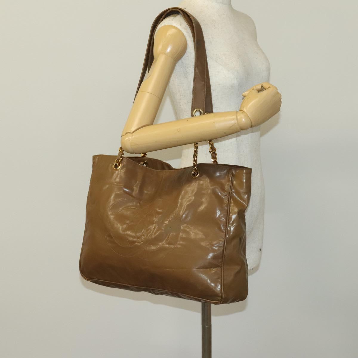 CHANEL Tote Bag Enamel Brown Gold CC Auth bs28851