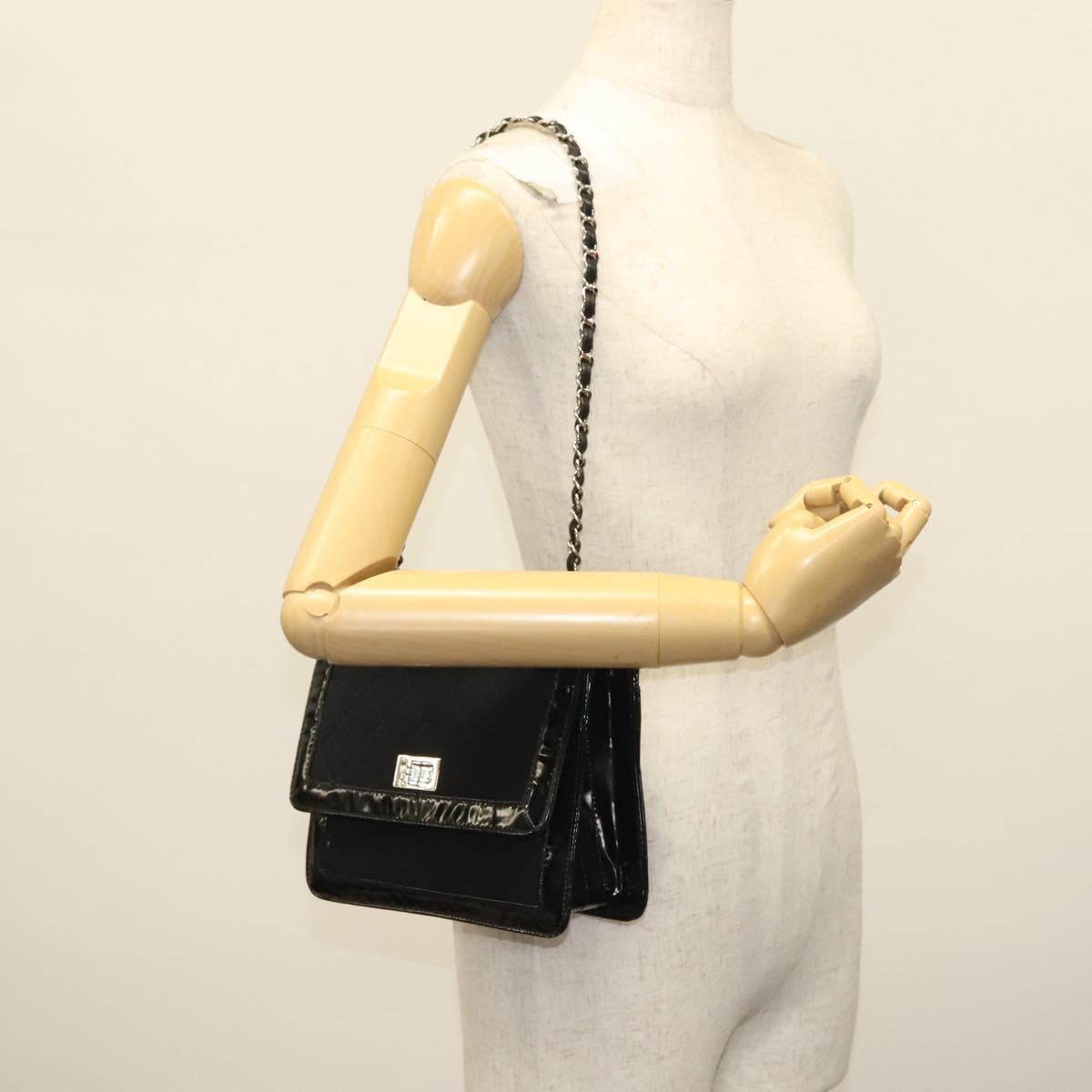 CHANEL Matelasse Chain Shoulder Bag Canvas Leather Black Silver CC Auth bs28854