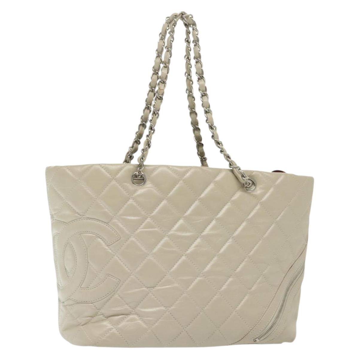 CHANEL Chain Cambon Line Cotton Club Bag Leather Beige Silver CC Auth bs28856