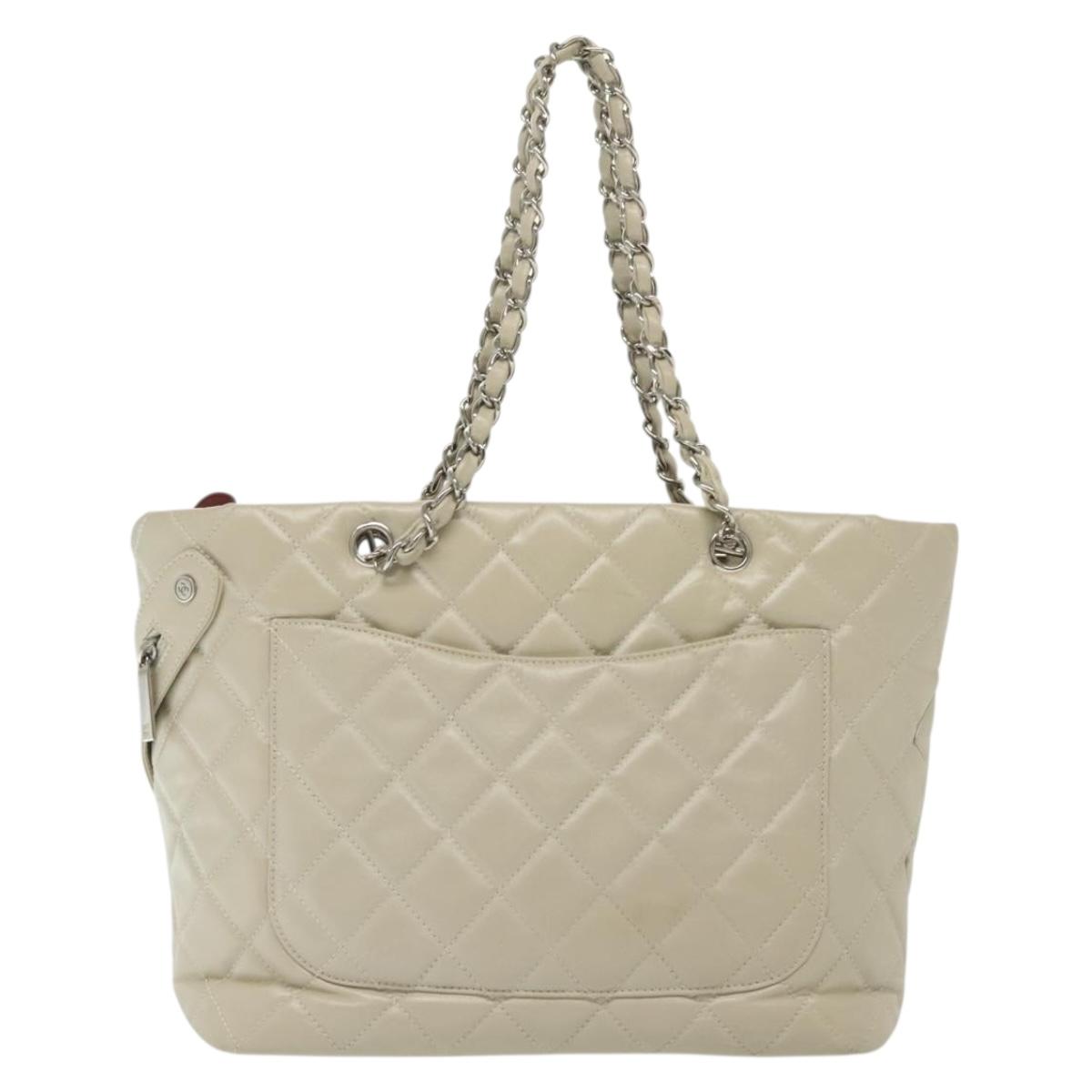 CHANEL Chain Cambon Line Cotton Club Bag Leather Beige Silver CC Auth bs28856