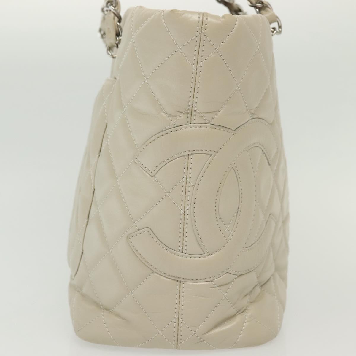 CHANEL Chain Cambon Line Cotton Club Bag Leather Beige Silver CC Auth bs28856