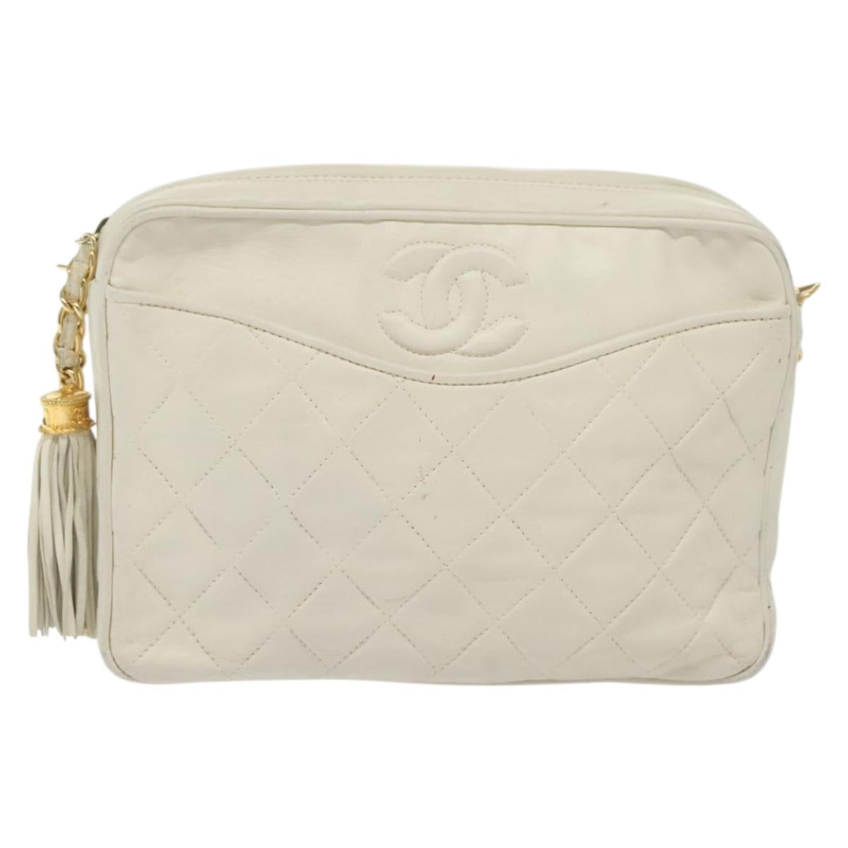 CHANEL Matelasse Chain Shoulder Bag Lamb Skin White Gold CC Auth bs28859