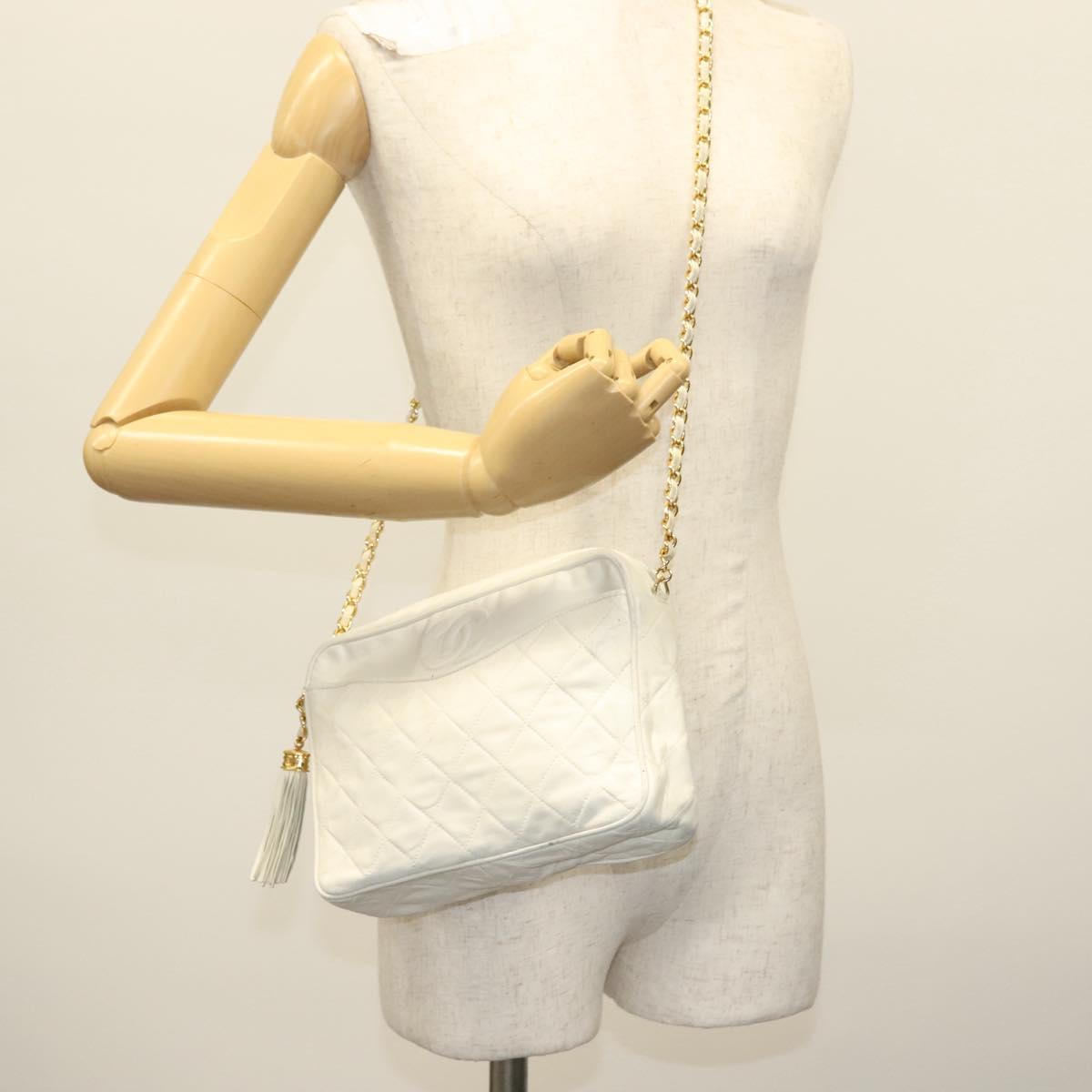 CHANEL Matelasse Chain Shoulder Bag Lamb Skin White Gold CC Auth bs28859