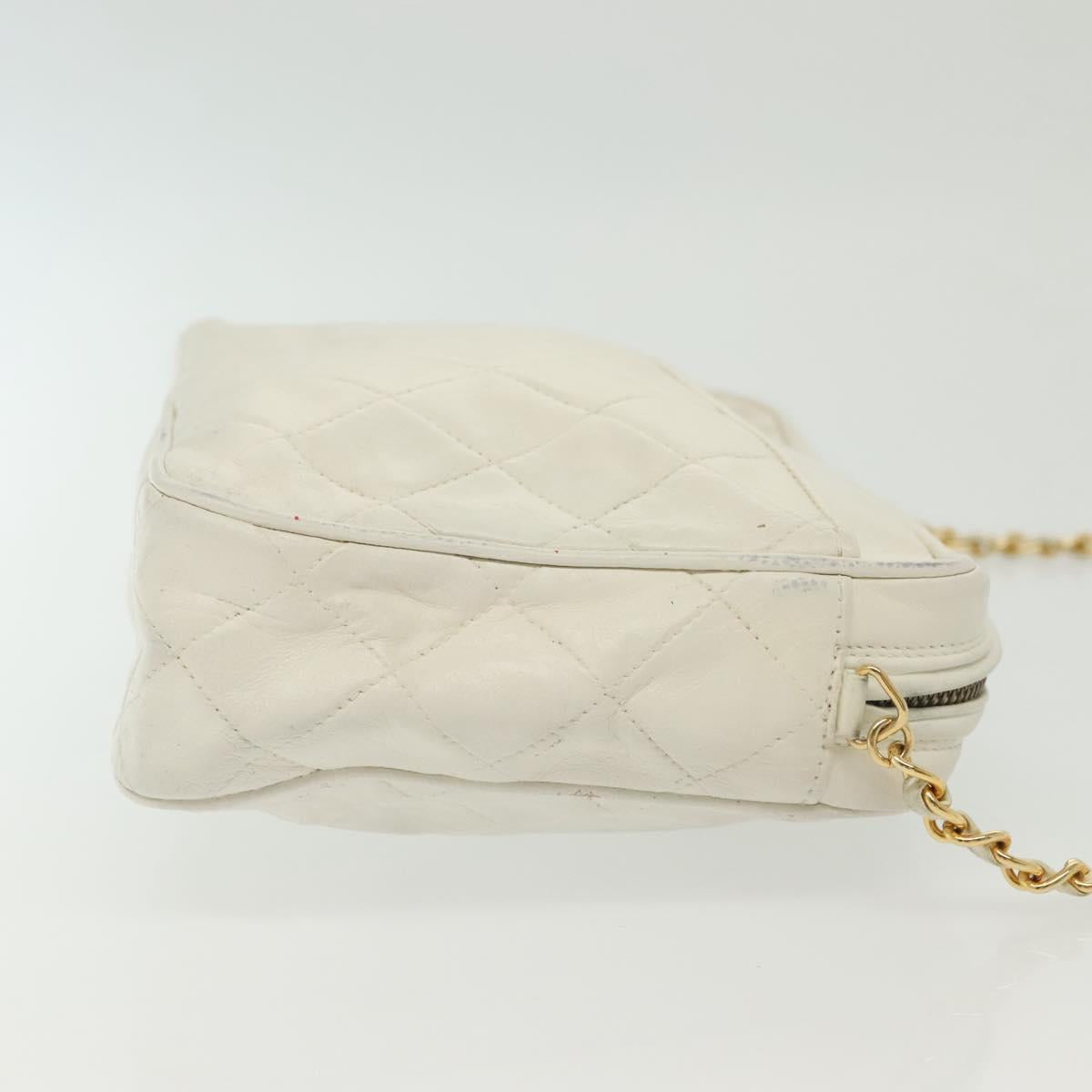CHANEL Matelasse Chain Shoulder Bag Lamb Skin White Gold CC Auth bs28859