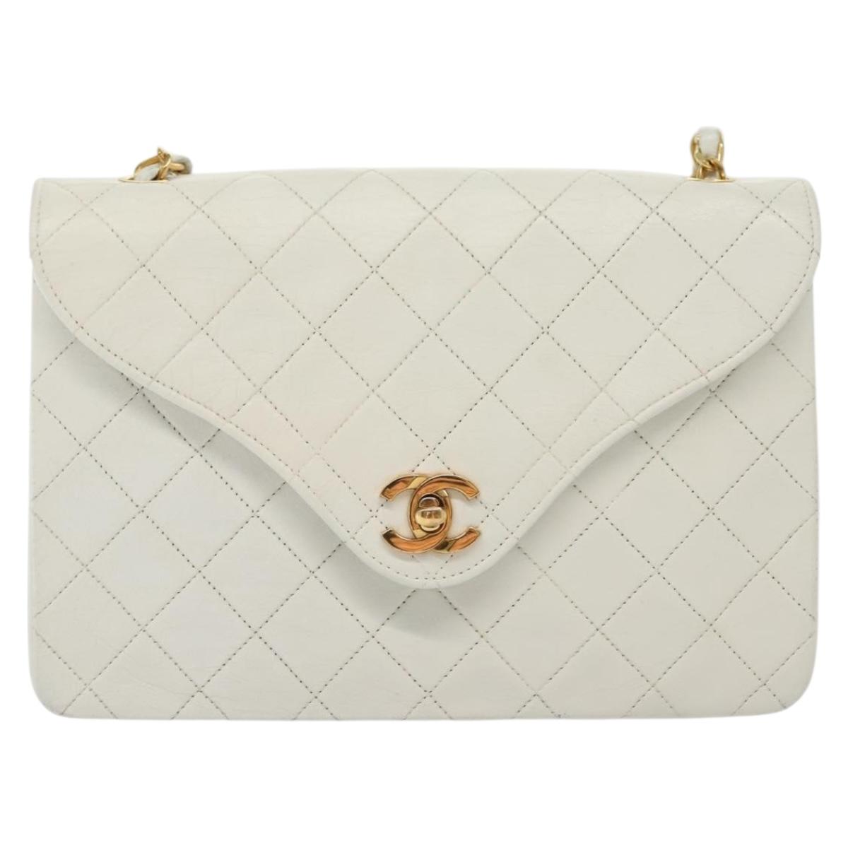 CHANEL Matelasse Chain Shoulder Bag Lamb Skin White Gold CC Auth bs28860