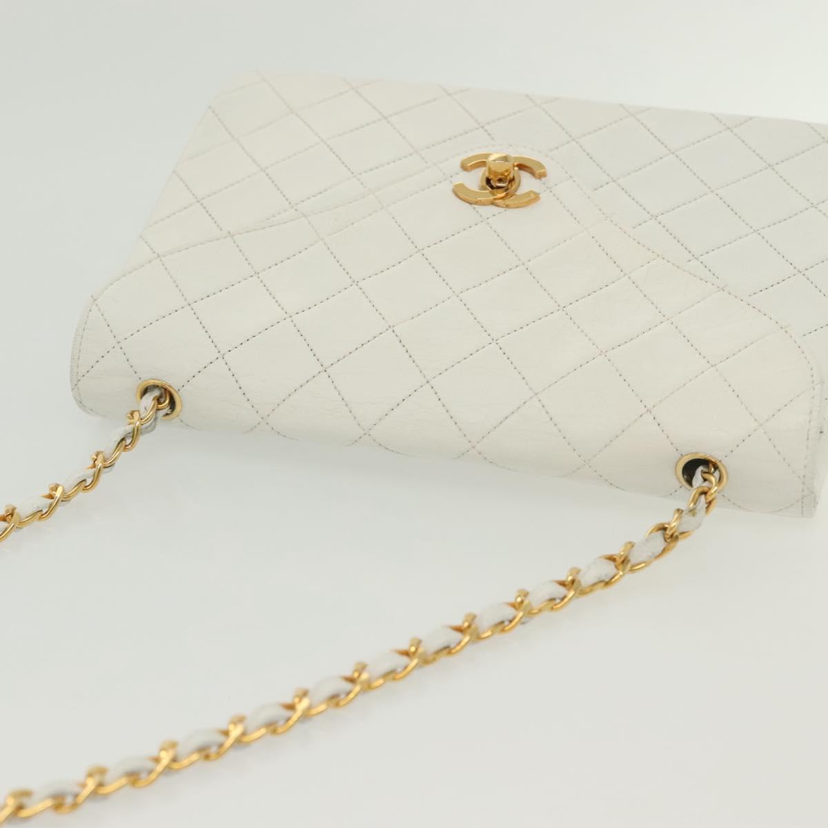 CHANEL Matelasse Chain Shoulder Bag Lamb Skin White Gold CC Auth bs28860