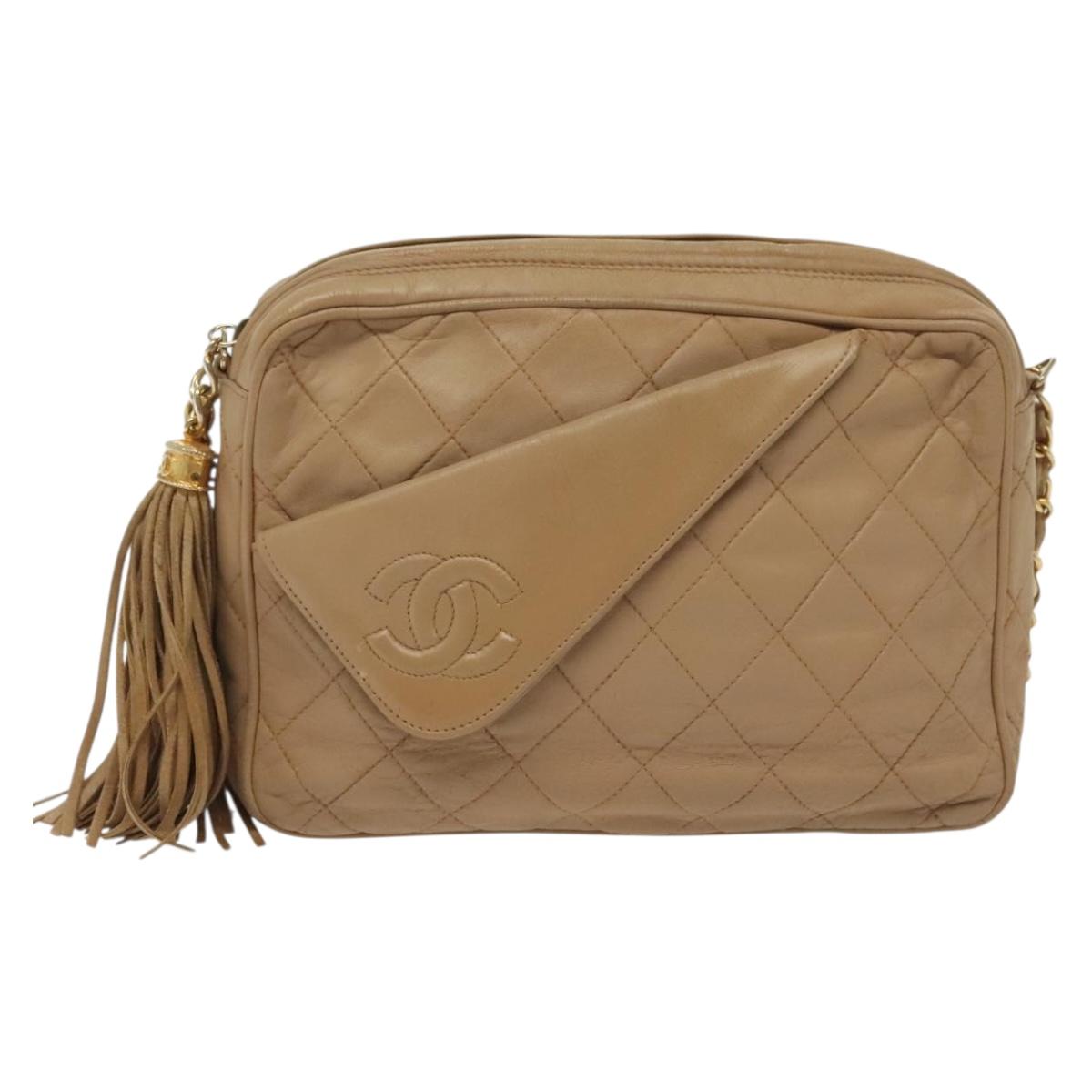 CHANEL Matelasse Chain Shoulder Bag Lamb Skin Beige Gold CC Auth bs28861