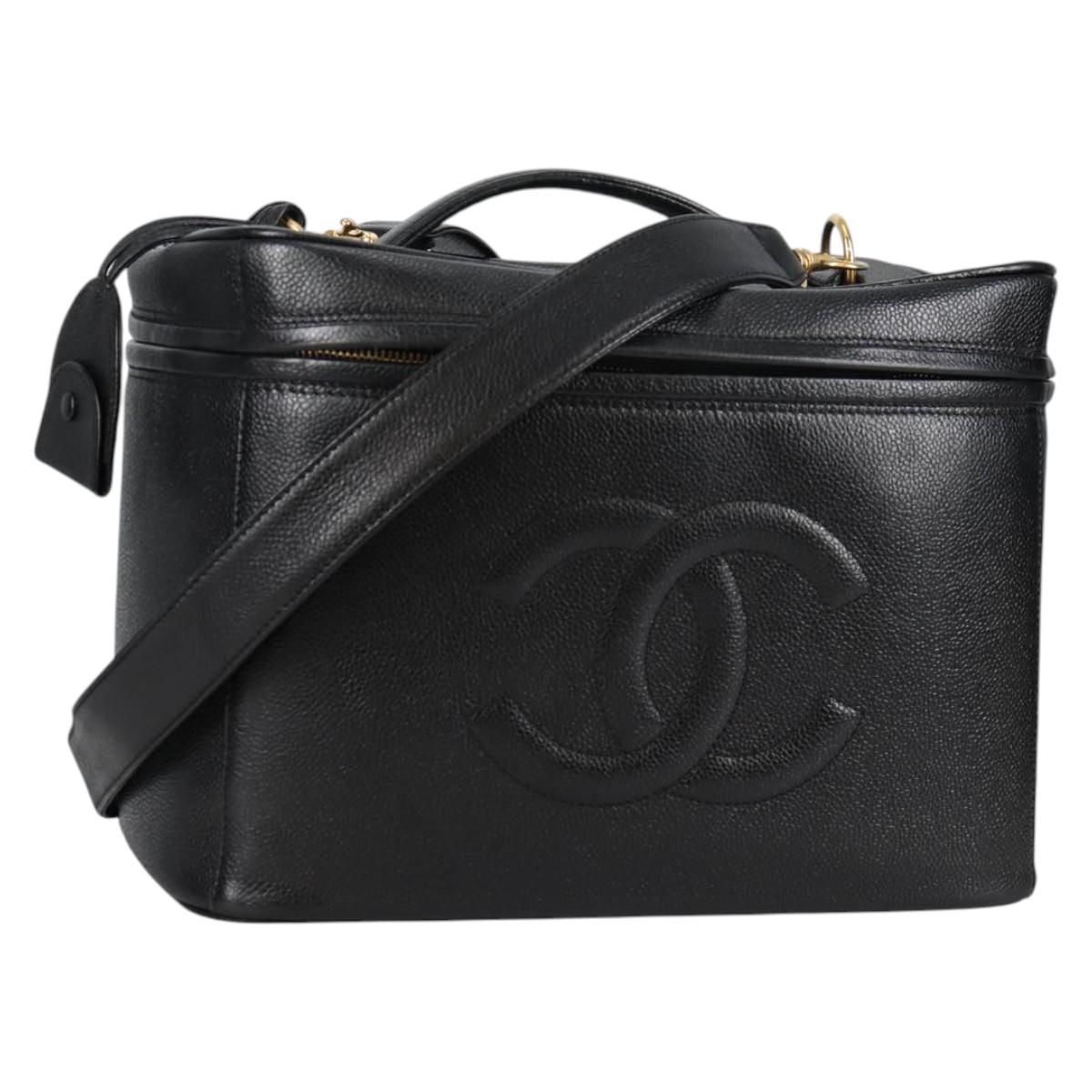 CHANEL Vanity Bag Caviar Skin 2way Black Gold CC Auth bs28866A