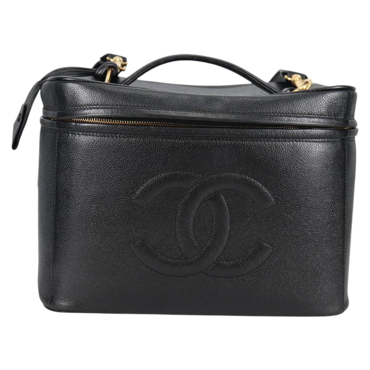 CHANEL Vanity Bag Caviar Skin 2way Black Gold CC Auth bs28866A