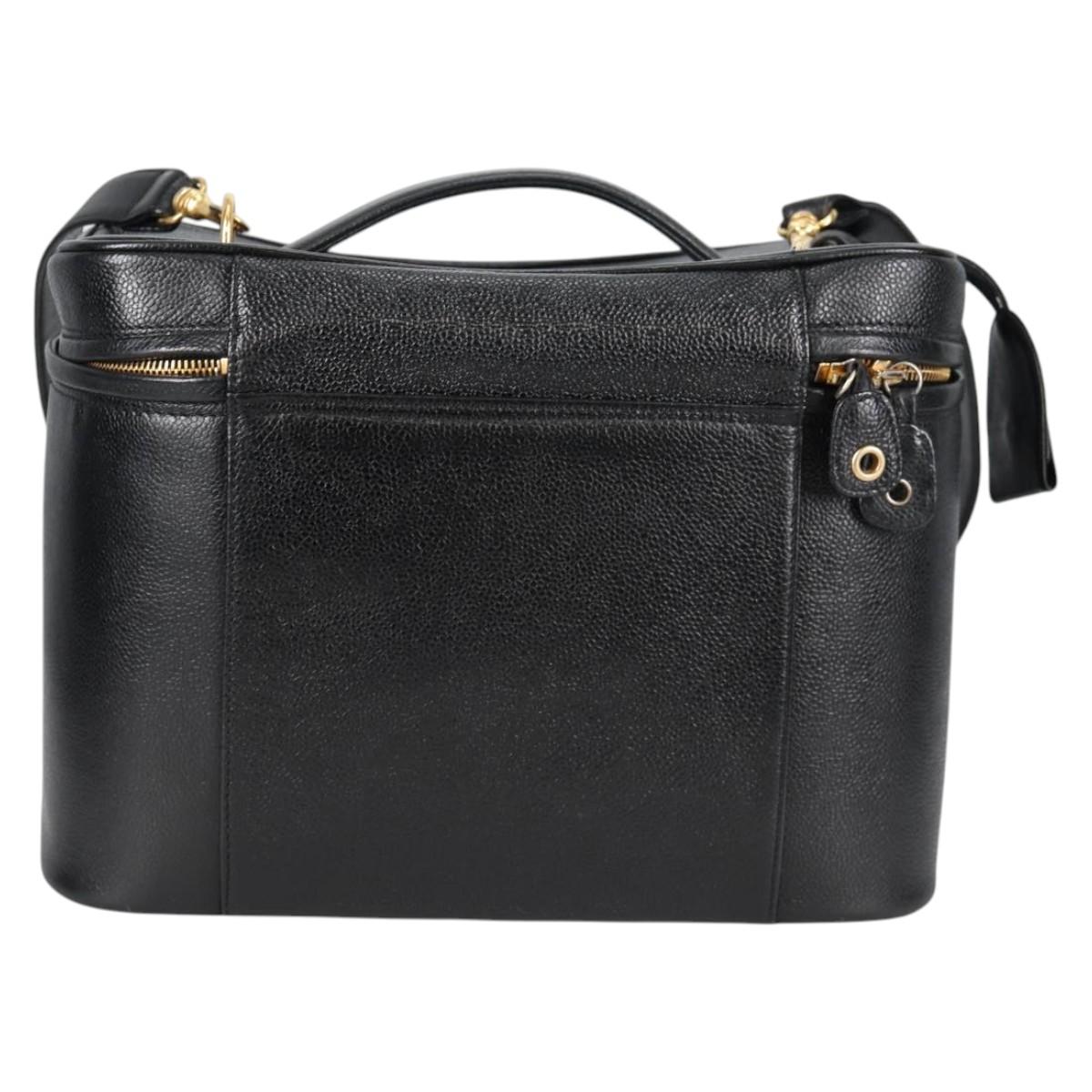CHANEL Vanity Bag Caviar Skin 2way Black Gold CC Auth bs28866A