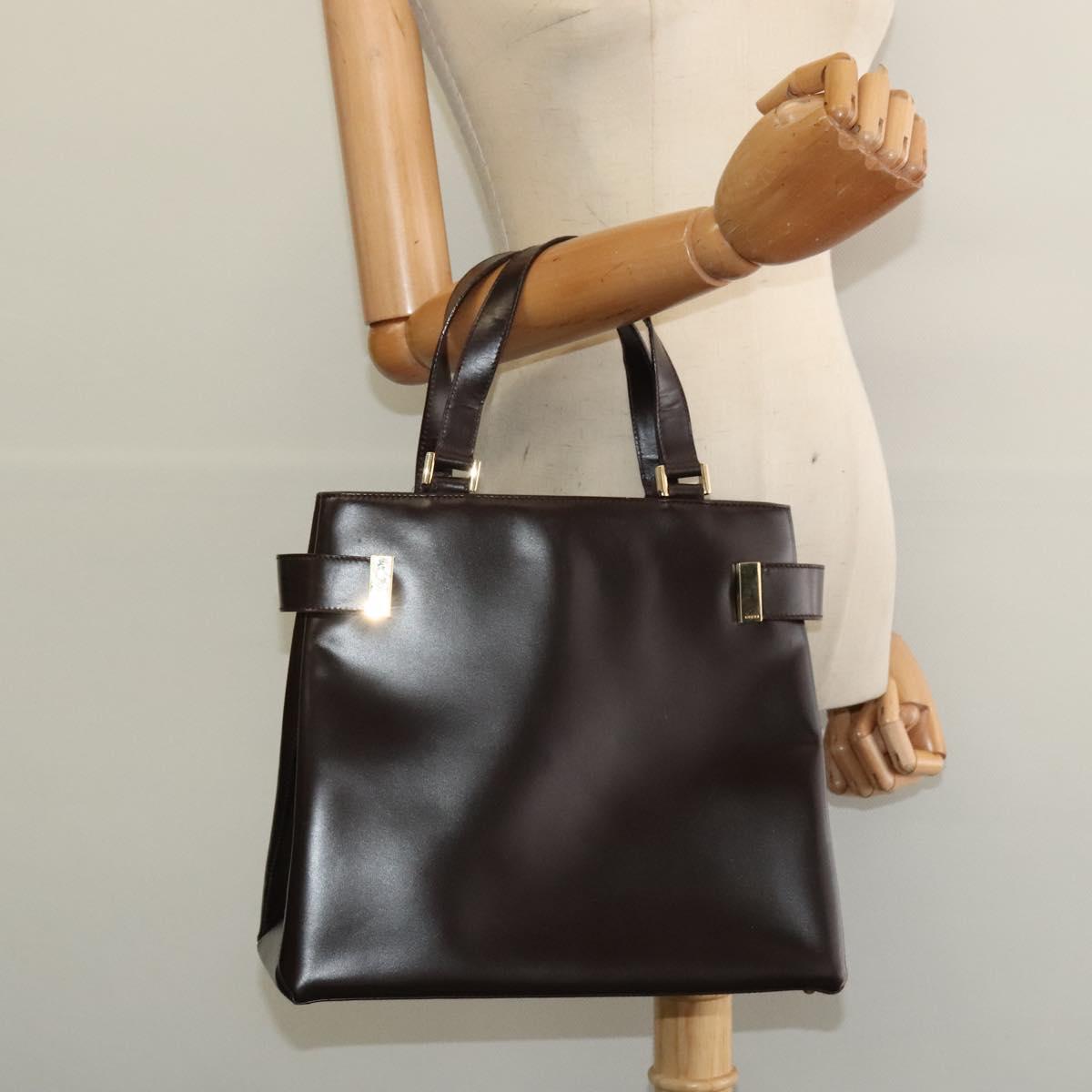 GUCCI Hand Bag Leather Brown gold Auth bs28876
