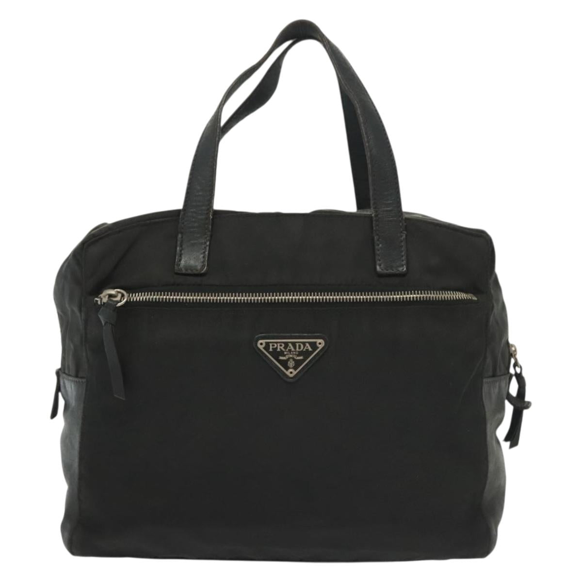 PRADA Hand Bag Nylon Leather Black Silver Auth bs28884