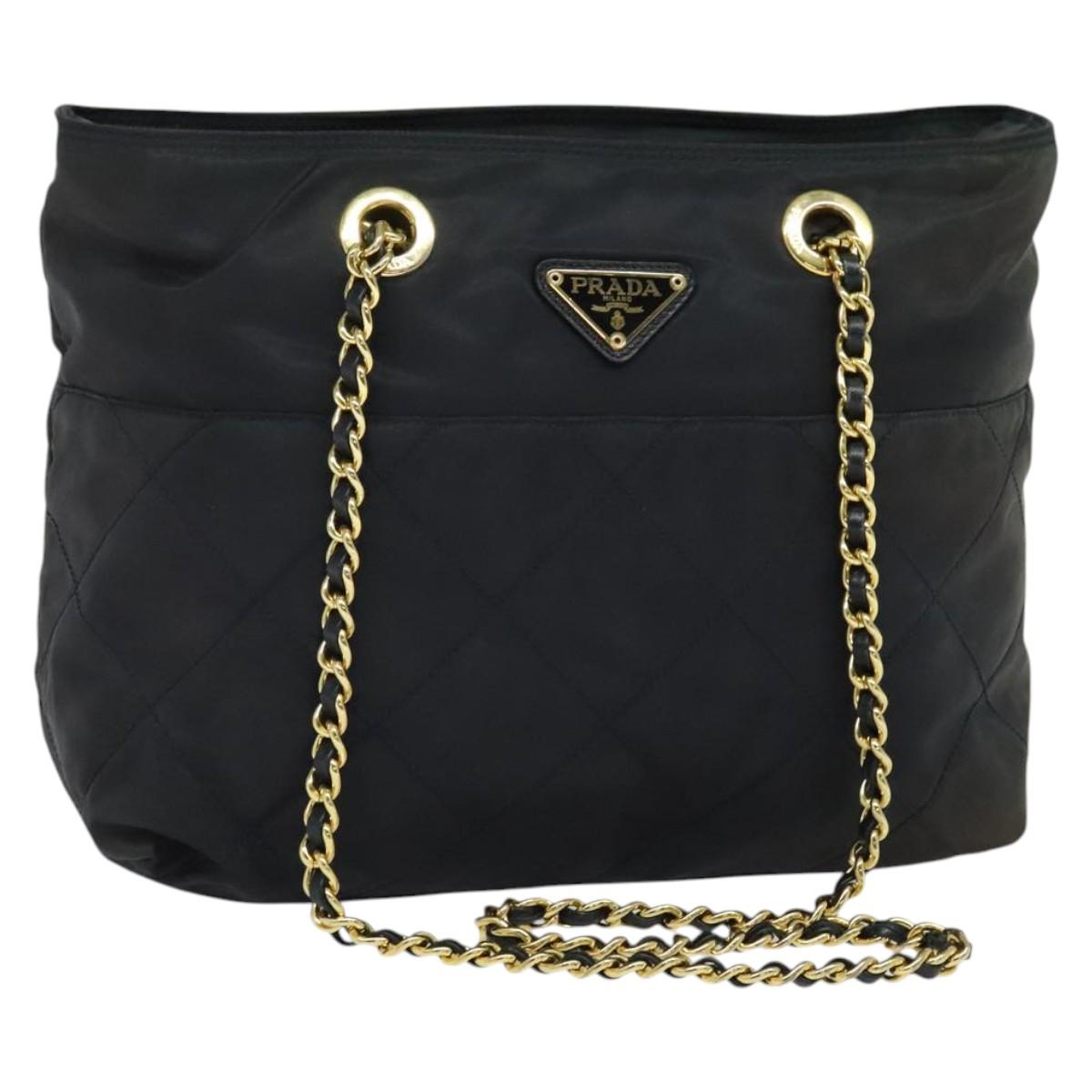 PRADA Chain Shoulder Bag Nylon Navy Gold Auth bs28886