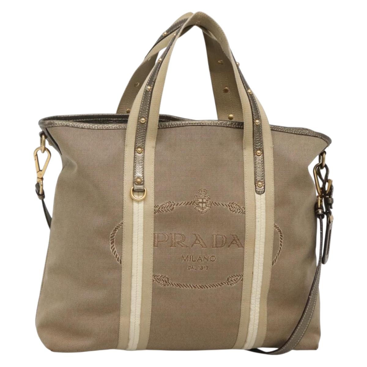 PRADA Hand Bag Canvas 2way Beige Gold Auth bs28891