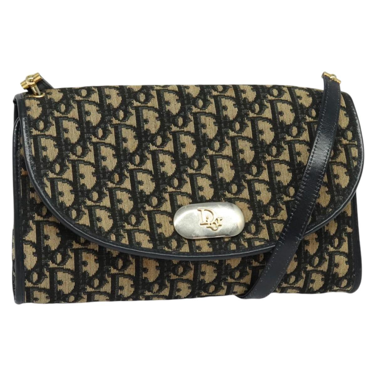 Christian Dior Trotter Canvas Shoulder Bag Navy Gold Auth bs28898