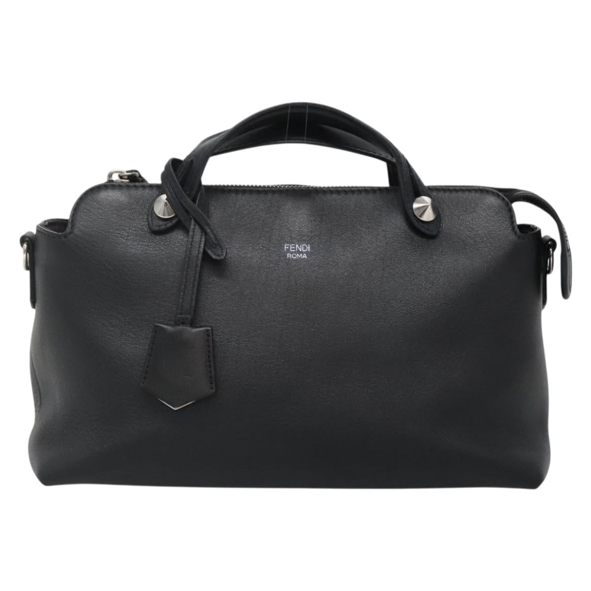 FENDI Hand Bag Leather Black Silver Auth bs28905