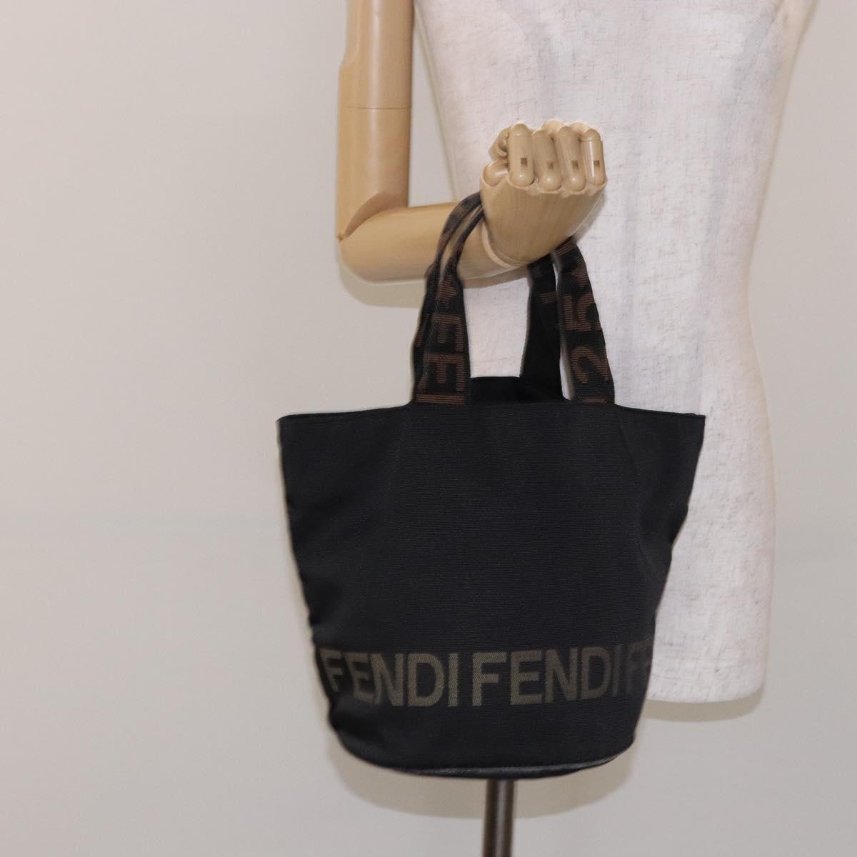 FENDI Hand Bag Canvas Black Brown gold Auth bs28908