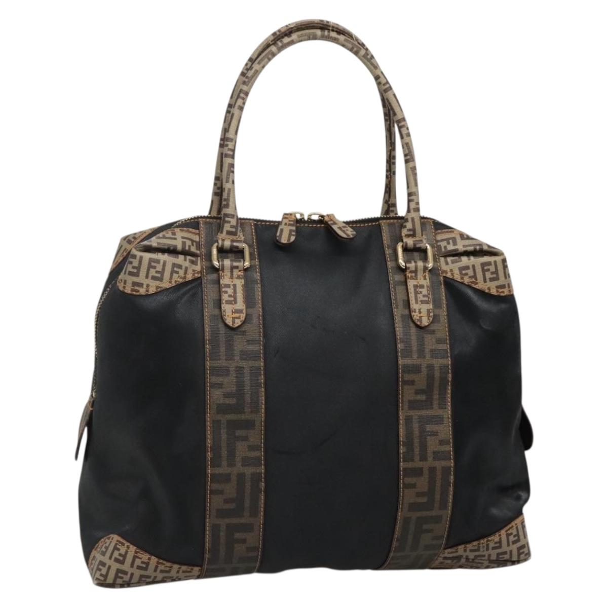 FENDI Zucchino Hand Bag Coated Canvas PVC Black Gold Auth bs28910