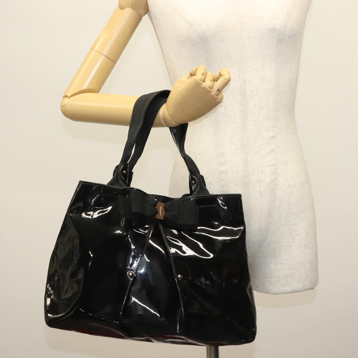 Salvatore Ferragamo Vala Tote Bag Enamel Black Auth bs28914
