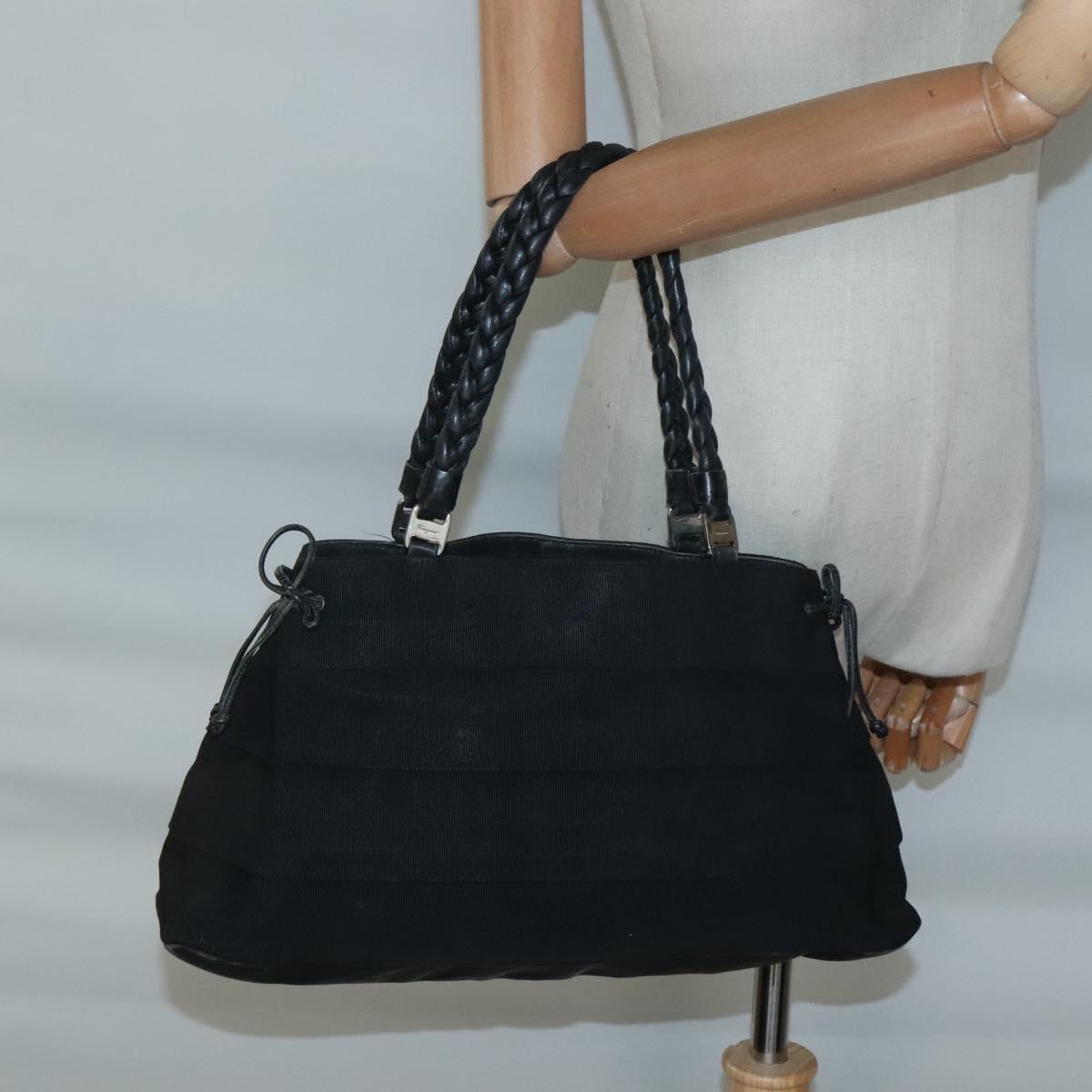 Salvatore Ferragamo Vala Tote Bag Canvas Black Gold Auth bs28915