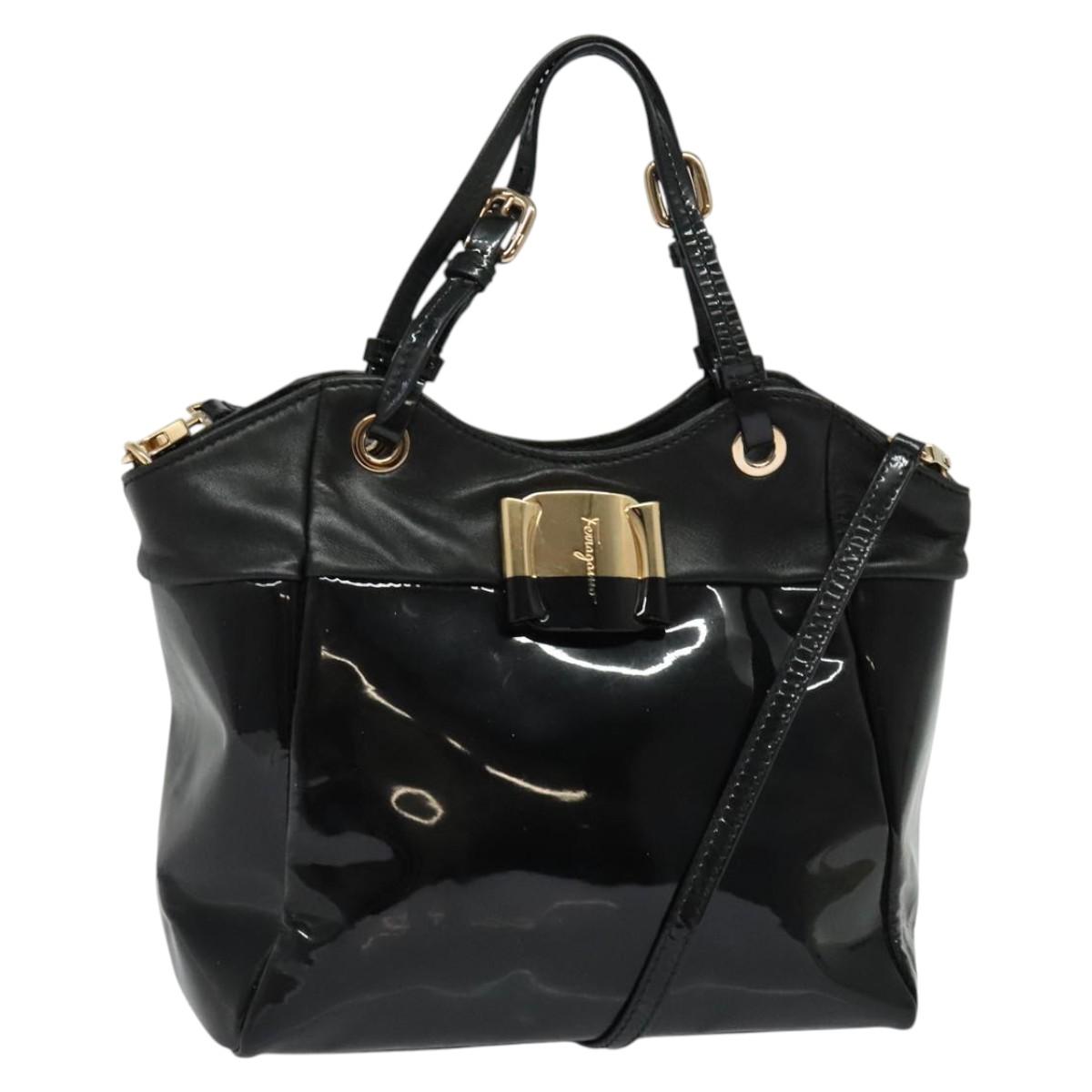Salvatore Ferragamo Vala Hand Bag Enamel 2way Black Gold Auth bs28916