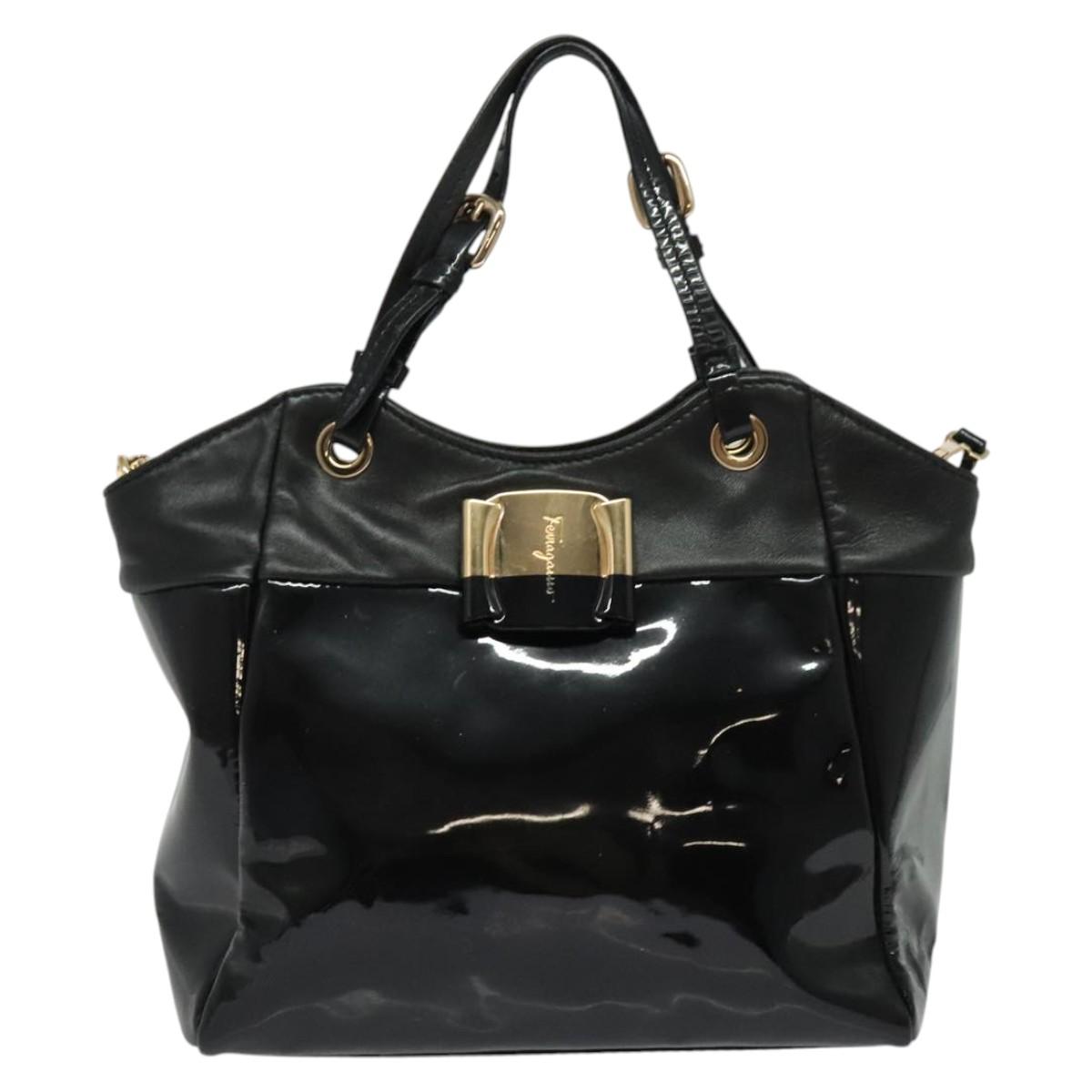 Salvatore Ferragamo Vala Hand Bag Enamel 2way Black Gold Auth bs28916