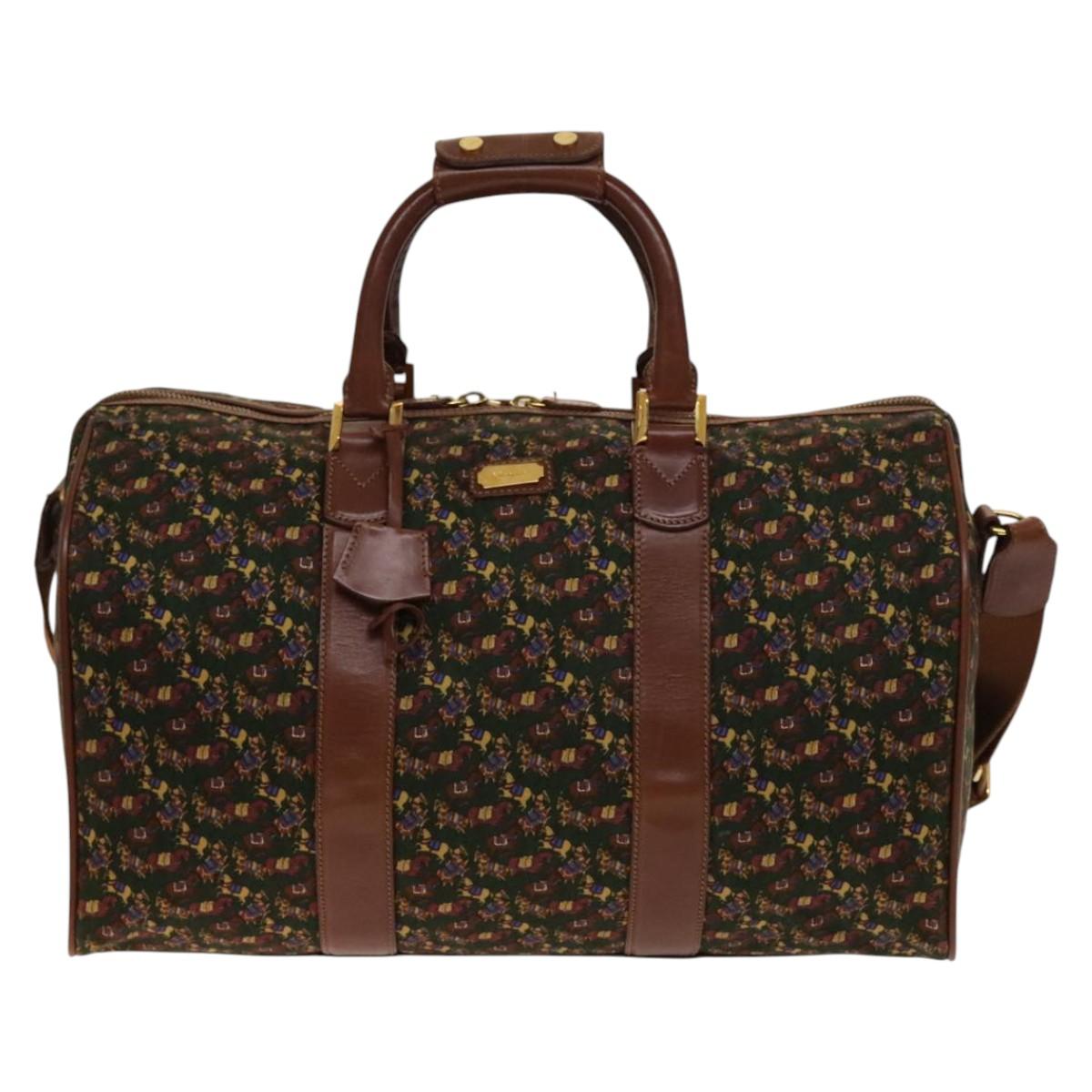Salvatore Ferragamo Boston Bag Canvas Leather 2way Green Brown gold Auth bs28921