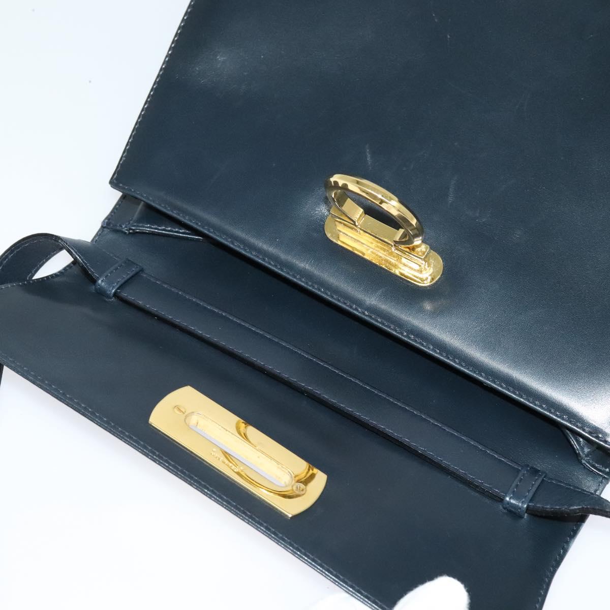 Salvatore Ferragamo Gancini Shoulder Bag Leather Navy Gold Auth bs28922