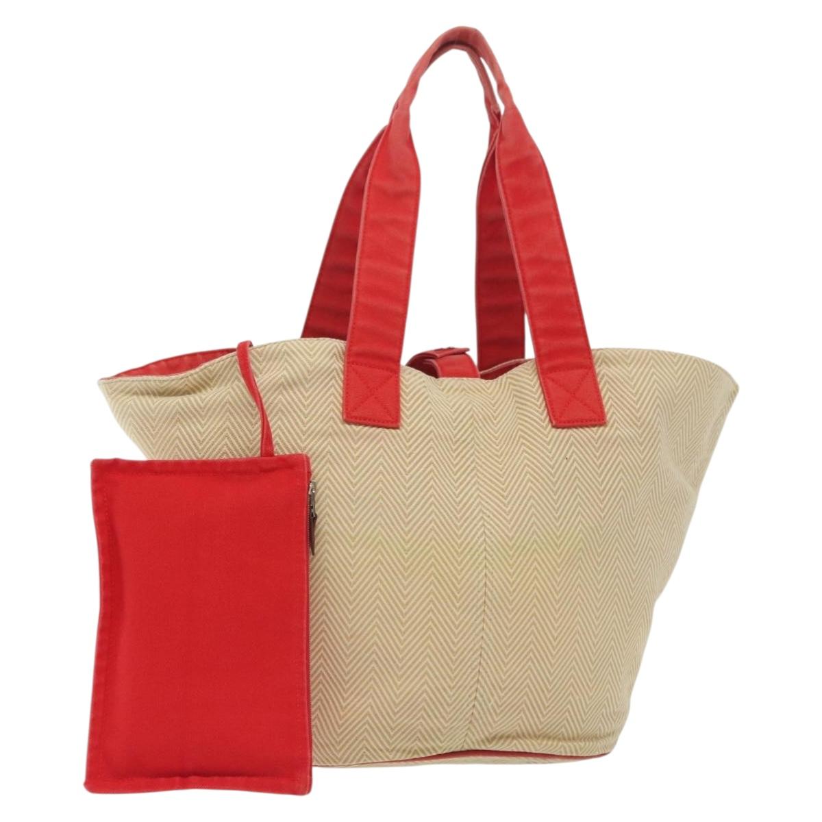 HERMES Panier Plage PM Tote Bag Canvas Beige Red Silver Auth bs28929