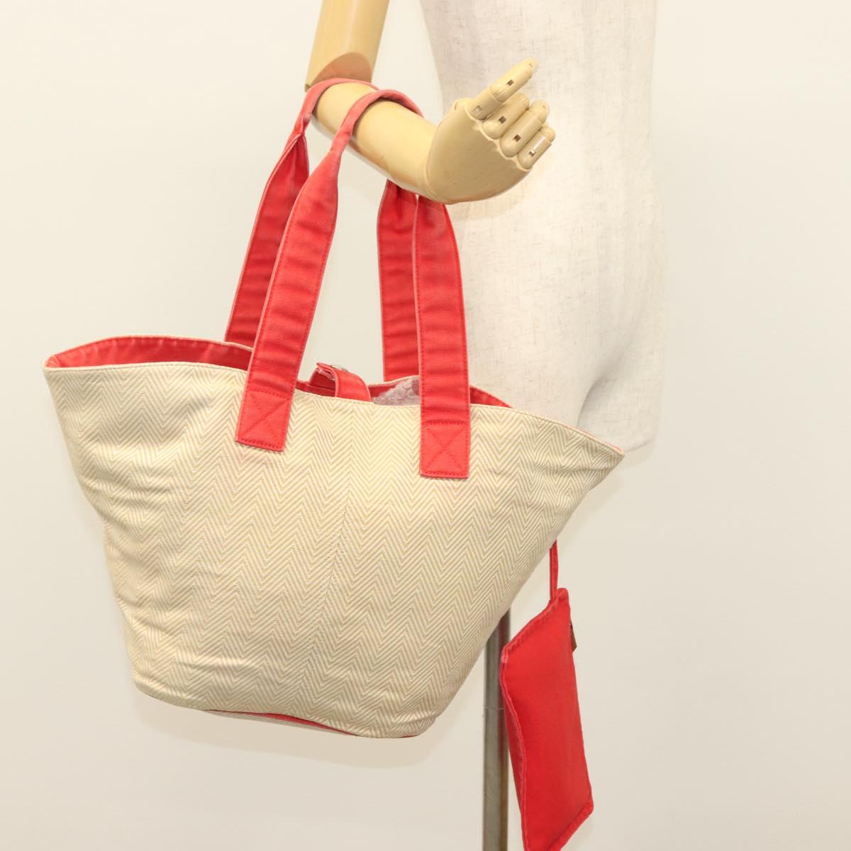 HERMES Panier Plage PM Tote Bag Canvas Beige Red Silver Auth bs28929