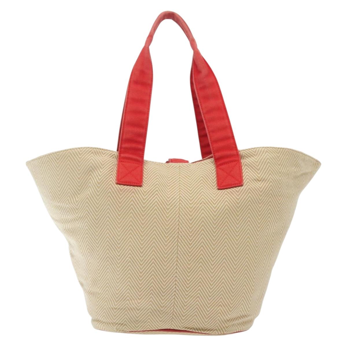 HERMES Panier Plage PM Tote Bag Canvas Beige Red Silver Auth bs28929
