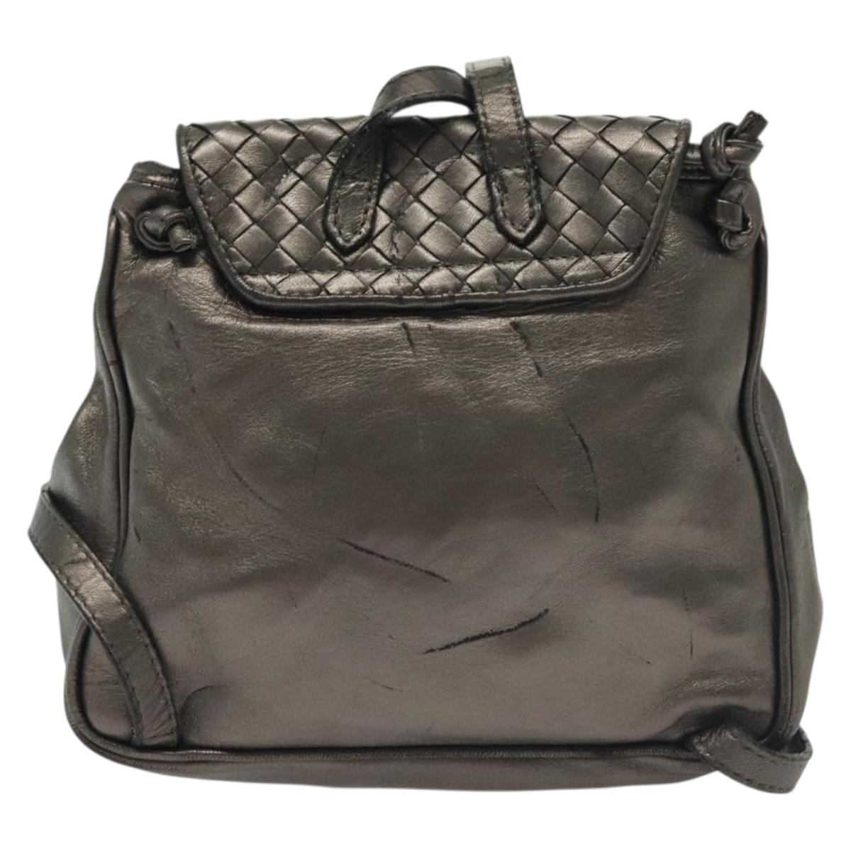 BOTTEGA VENETA INTRECCIATO Backpack Leather Silver Auth bs28930