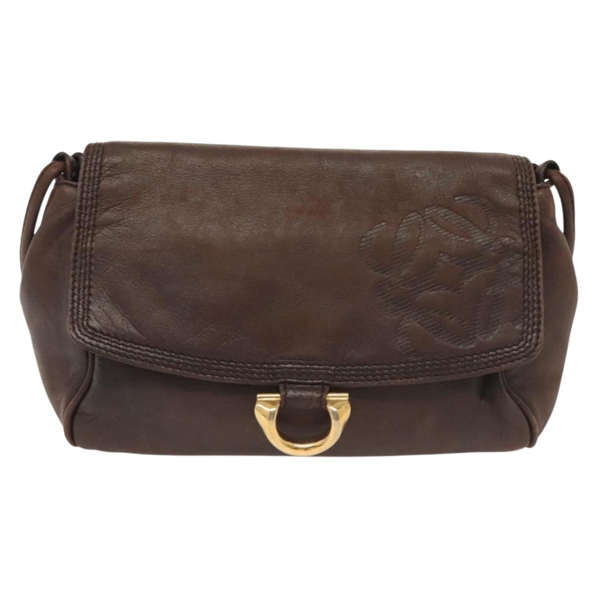 LOEWE Anagram Shoulder Bag Leather Brown Gold Auth bs28941