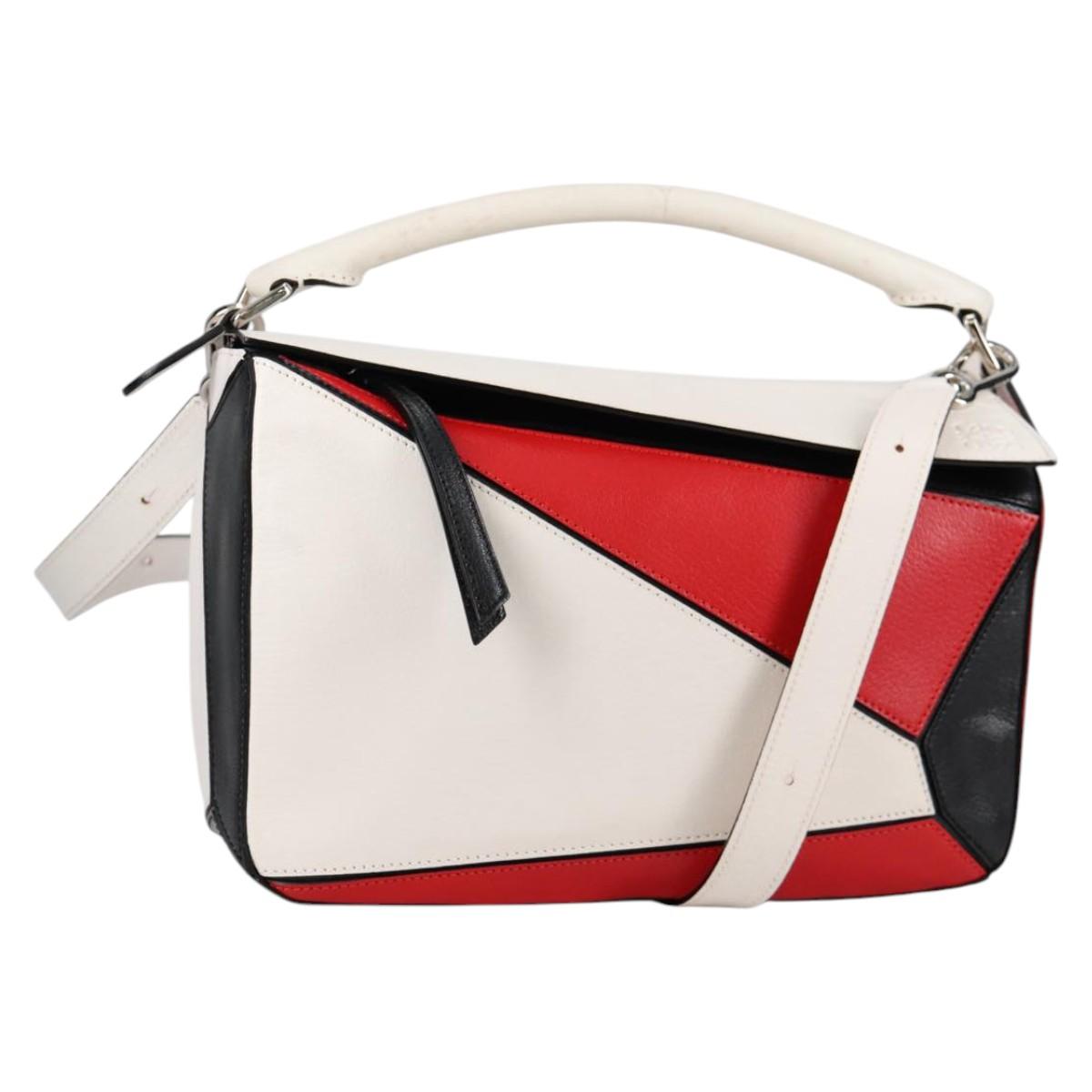LOEWE Puzzle Hand Bag Leather 2way White Silver Auth bs28945