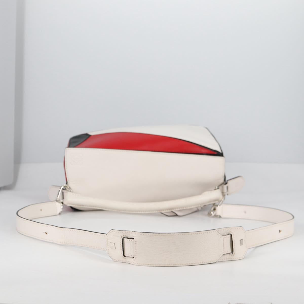 LOEWE Puzzle Hand Bag Leather 2way White Silver Auth bs28945