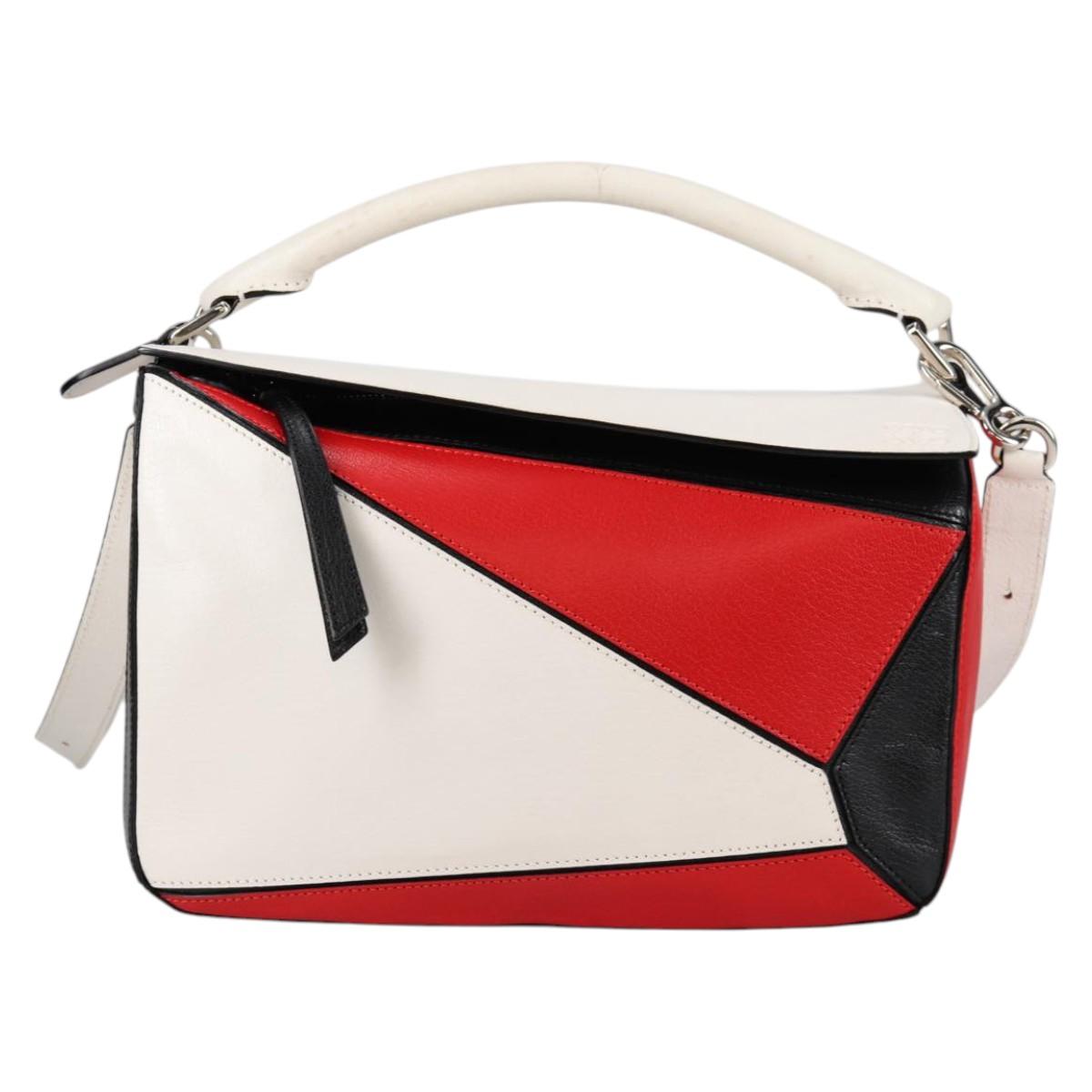 LOEWE Puzzle Hand Bag Leather 2way White Silver Auth bs28945