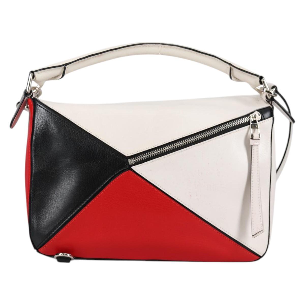 LOEWE Puzzle Hand Bag Leather 2way White Silver Auth bs28945